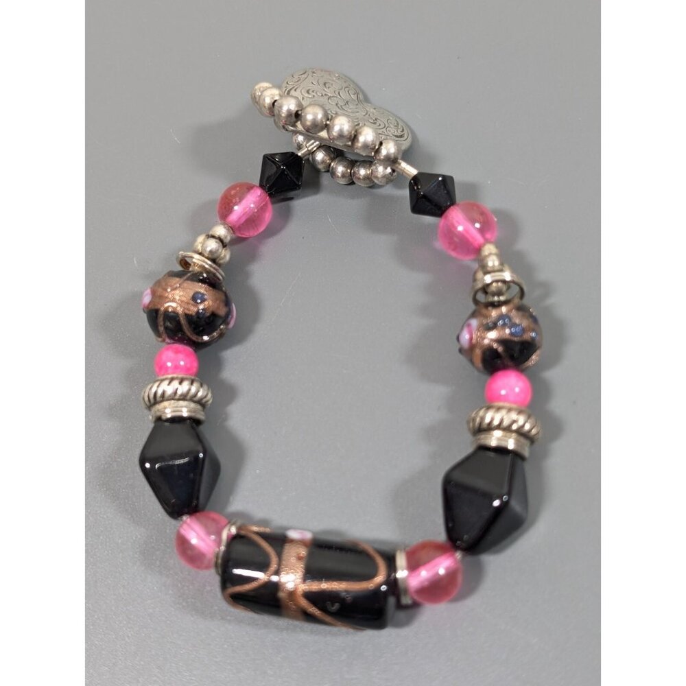Danforth Pewter Heart Clasp Pink Black Murano‎ Art Glass Bracelet Toggle 7"